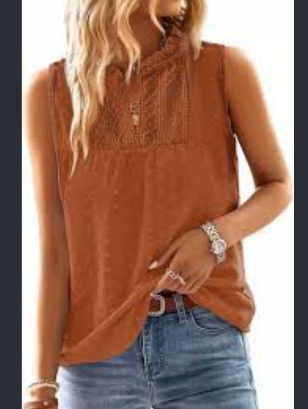Falechay Womens Rust Sleeveless V-Neck Crochet Ruffle Woven lace Blouse Sz XS